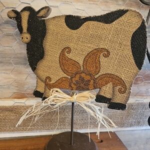 Rustic Burlap Cow Art Decor